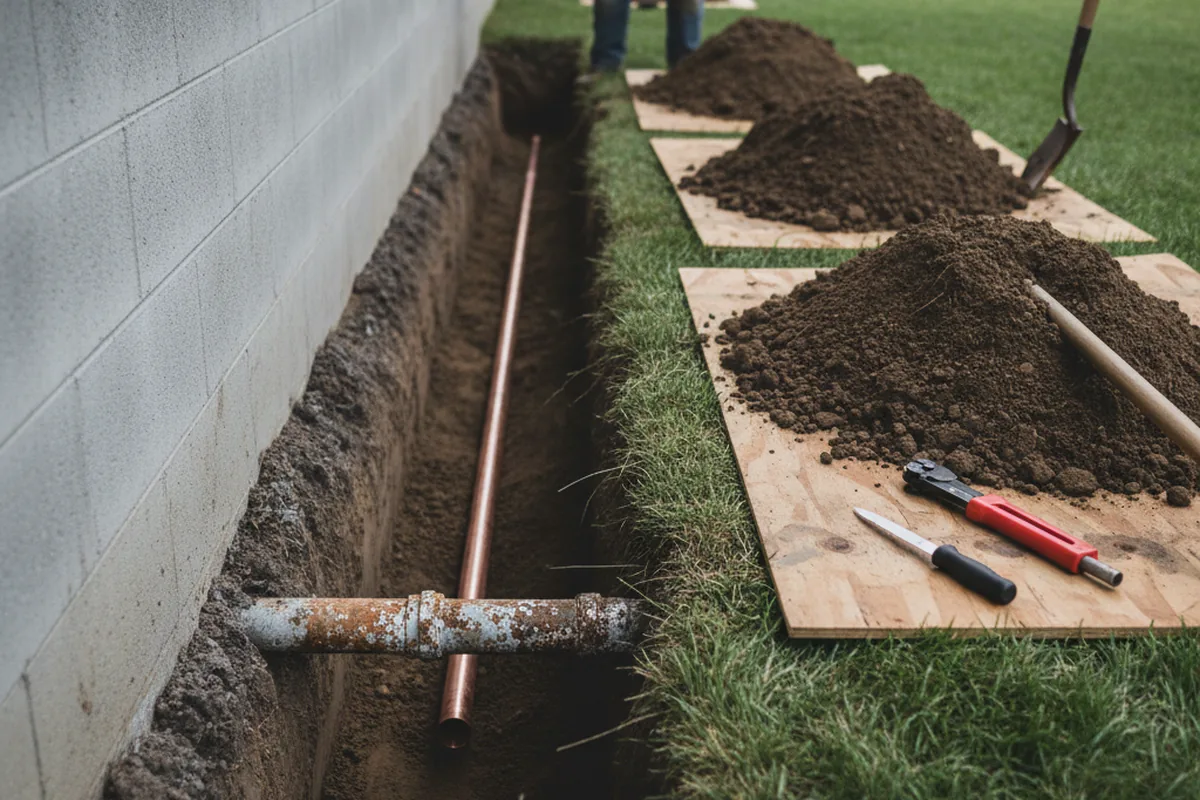 Excavated water line trench during Sewer Line Repair in Beverly Shores